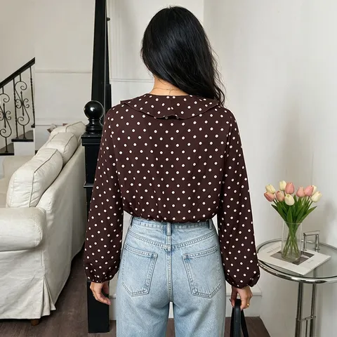 Women Polka Dot Ruffle V Neck Long Sleeve Bodysuit Blouse Shirt Commuter Elegant Slim Fit One Piece Leotard Top