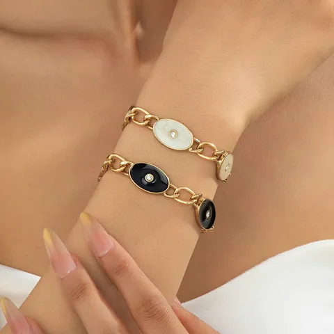 Bracelet Vintage en Alliage avec Plaque Ovale en Émail Rétro Plaqué Or Grosse Chaîne avec Strass Incrustés Bracelet pour Femme Bijoux