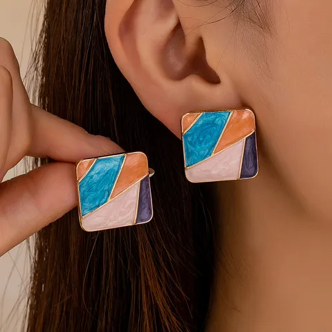 Boucles d'Oreilles Carrées Style Peinture à l'Huile Abstraite Pour Femmes Alliage Strass Émail Géométrique Couleur Contraste Boucles d'Oreilles Bijoux Mode Cadeau