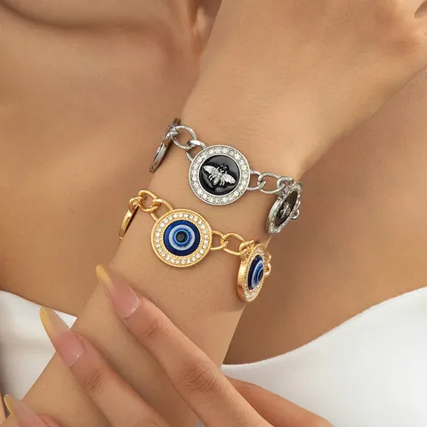 Bracelet Vintage en Alliage Strass Abeille et Œil Maléfique pour Femmes Hommes Or Argent Émail Plaque Ronde Chaîne Bracelet Bijoux Cadeau
