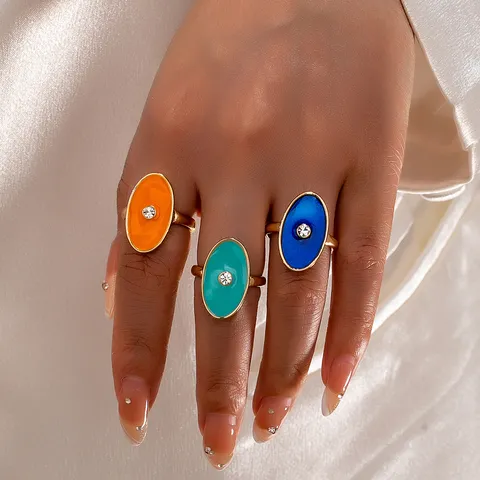 Bague en Émail Ovale de Style Vintage Européen Américain pour Femme Bord Doré Huile d'Égouttage Strass Central Alliage