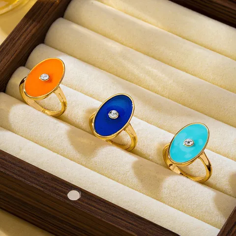 Bague en Émail Ovale de Style Vintage Européen Américain pour Femme Bord Doré Huile d'Égouttage Strass Central Alliage