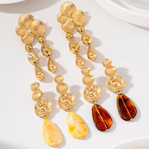 Boucles d'Oreilles Pendantes en Alliage d'Or Martelé Vintage pour Femmes Mode Double Brins Goutte d'Eau en Résine Bijoux