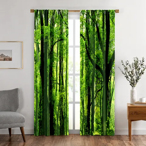 Modern Digital Printed Polyester Sleeve Curtain Forest Scenery Landscape Pattern Rod Pocket Room Darkening Window Drapes For Living Room Bedroom Home Decor