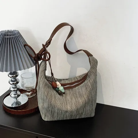 Sac Fourre-Tout Tissé à la Main Rétro pour Femmes Grande Capacité Minimaliste en Tissu Sac à Épaule Avec Sangle en Cuir Quotidien