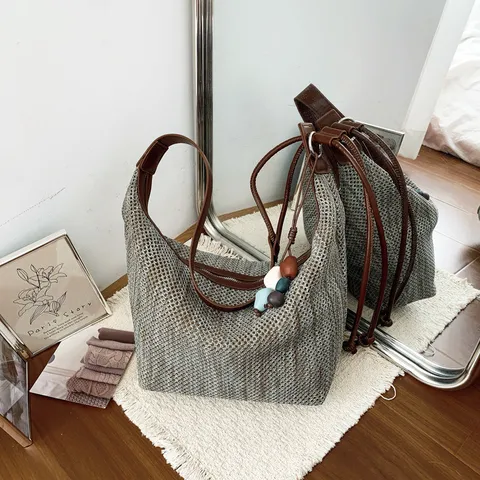 Sac Fourre-Tout Tissé à la Main Rétro pour Femmes Grande Capacité Minimaliste en Tissu Sac à Épaule Avec Sangle en Cuir Quotidien