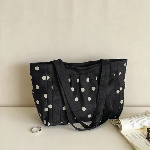 Bolso Tote de Mujer Vintage con Lunares en Gamuza Sintética Gran Capacidad Bolso de Hombro Casual Bolso de Axila Plisado Chic