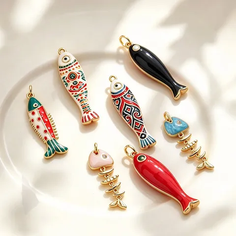 Colgantes de Cobre Chapado en Oro de 18K Pez Esmalte Animal Marino Espina de Pescado Articulada Accesorios de Joyería DIY Mujer