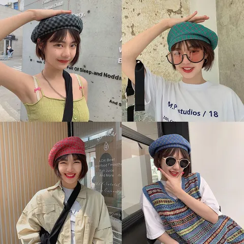 Japanese Retro Plaid Beret For Women Summer Thin Breathable Octagonal Painter Hat Sweet Plaid Pattern Soft Girl Fashion Headwear