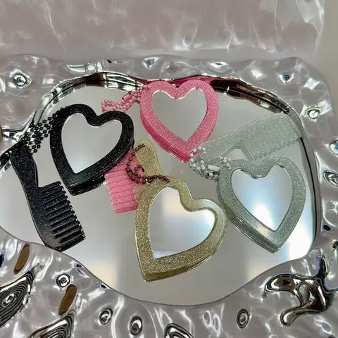 Heart Shaped Makeup Mirror Keychain Glitter Sequins Mini Comb Bag Charm Cute Car Keyring Acrylic Accessories