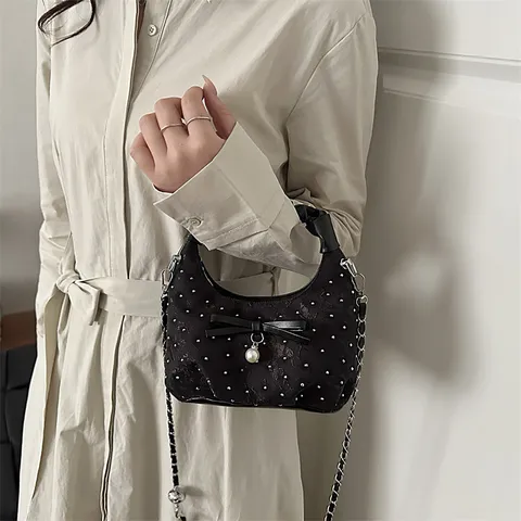 Bolso Bandolera de Mujer con Lazo de Perlas y Strass Bolso de Hombro de Cuero PU con Asa Plisada Estilo Casual Diario