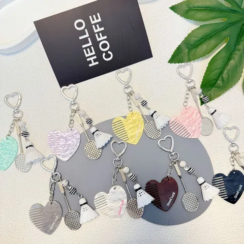 Creative Badminton Racket Heart Comb Keychain Cute Sports Phone Chain Bag Pendant Alloy Key Ring Fashion Jewelry Gift