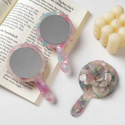 Korean Style 3D Floral Handheld Makeup Mirror Acetate Resin Rose Pattern Portable Cosmetic Vanity Mirror For Daily Makeup