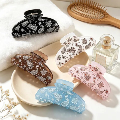 Bohemian Paisley Pattern Hair Claw Retro Printed Acrylic Shark Clip For Women Back Of Head Hairpin Hair Accessories