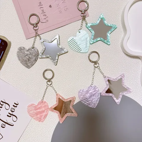 Acrylic Heart Comb Star Mirror Keychain Cute Y2K Pearl Hanging Phone Chain Bag Pendant Gift For Women