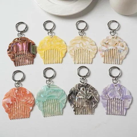 Portable Mini Acetate Shell Comb Keychain Pearly Marble Pattern Bag Pendant Cute Hair Comb Key Ring Fashion Accessories