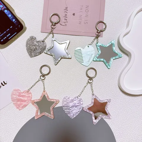 Acrylic Heart Comb Star Mirror Keychain Cute Y2K Pearl Hanging Phone Chain Bag Pendant Gift For Women