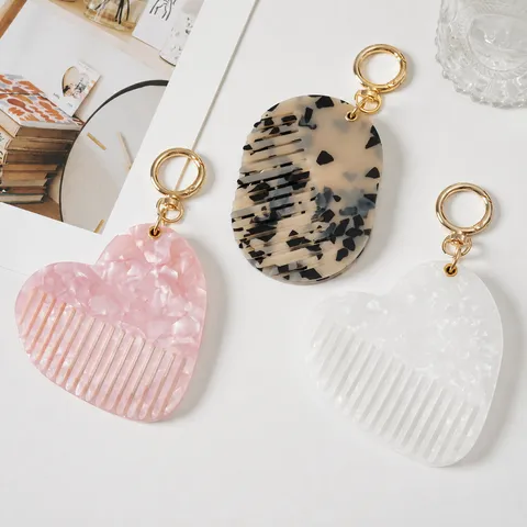 Portable Acetate Folding Mirror Comb Keychain Cute Heart Leopard Print Hair Comb Pocket Compact Mirror Key Ring Women