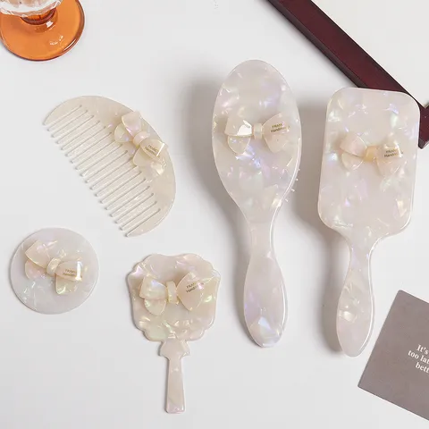 Acetate Bow Hair Comb And Makeup Mirror Portable Handheld Vanity Mirror Air Cushion Comb Pearl Luster Beauty Tool