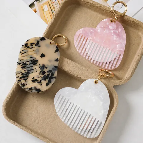 Portable Acetate Folding Mirror Comb Keychain Cute Heart Leopard Print Hair Comb Pocket Compact Mirror Key Ring Women