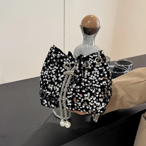Women Fashion Sequin Bucket Bag Sparkling Mini Crossbody Handbag Metal Chain Drawstring Evening Shoulder Bag