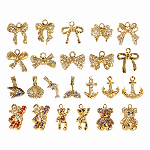 Stainless Steel Rhinestone Bowknot Bear Anchor Shell Pendant Charms For DIY Necklace Bracelet Jewelry Making Accessories