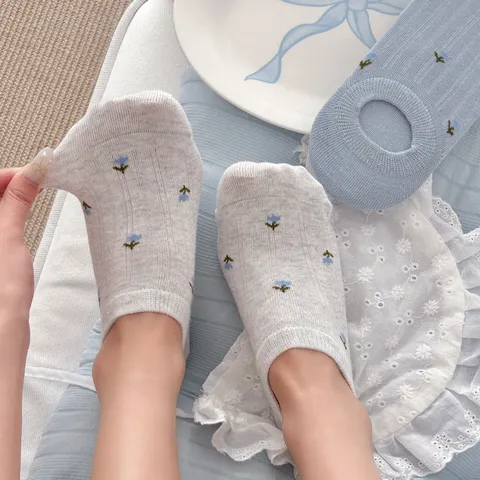 Dames Koreaanse Ins Stijl Bloemen Katoen Onzichtbare Bootssocken Ademend Dun Casual Korte Sokken