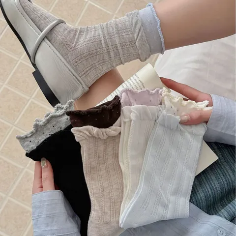 Dames Lente Zomer Katoen Mesh Ademende Kantafwerking Halte Stacking Socken Zoete JK Dagelijkse Casual Socken