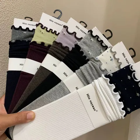 Stile Coreano Giuntato Floreale Donna Calzini Girocollo Cotone Bordo a Foglia Carino Volant A Metà Polpaccio Slouch Calzini Casual Quotidiano