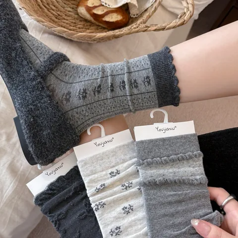 Dames Slouch Sokken Leuke Bloemen Strik Jacquard Katoen Halverwege de Kuit Sokken Vintage Zoete Casual Dagelijkse Kousen