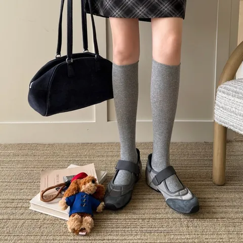 Dames Casual Katoen Effen Kleur Ribbreisel Compressie Kuitsokken Herfst Winter Dagelijkse Mode Kniehoge Lange Sokken