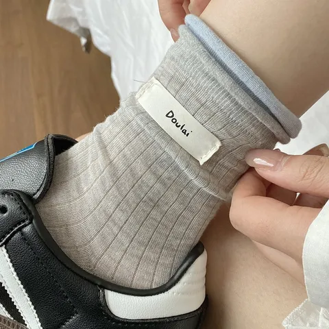 Dames Casual Effen Kleur Verticale Strepen Hol Gerolde Boord Halverwege Kuit Sokken Lente Zomer Katoen