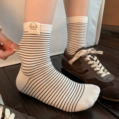 Dames Leuke Puppy Geweven Label Kuitlengte Socken Casual Gestreept Katoen Ademend Lente Herfst