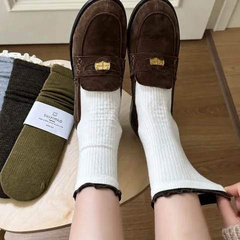 Dames Casual Gekamde Katoen Halverwege de Kuit Socken Retro Effen Kleur Volantafwerking Contrast Ontwerp Zoete Dagelijkse Socken