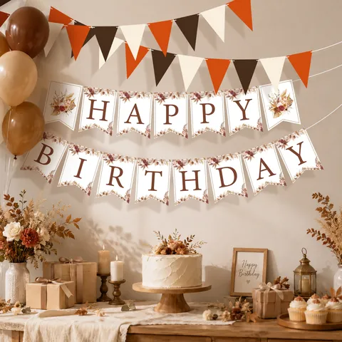 Autumn Vintage Butterfly Maple Leaf Happy Birthday Banner Thanksgiving Bunting Garland For Birthday Party Decorations Brown Paper Banner Set