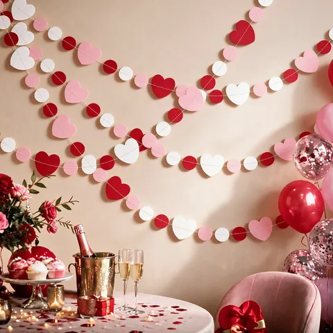 Valentine's Day Heart Paper Garland Banner Stitched Pink Red White Heart Circle Hanging Decoration For Wedding Engagement Party Supplies