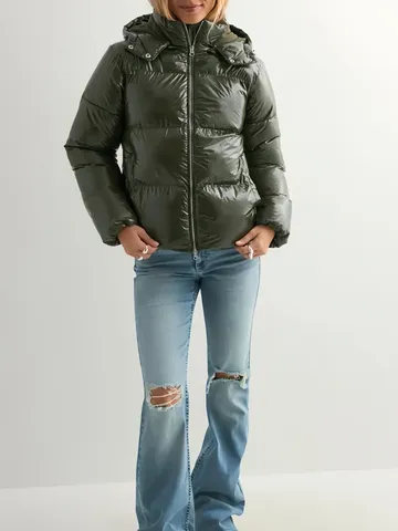 Women's Glossy Hooded Padded Jacket Shiny Winter Puffer Coat Thick Warm Casual Outerwear Top