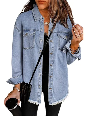 Women's Casual Long Sleeve Oversized Denim Jacket Distressed Button Down Vintage Frayed Hem Jean Outerwear