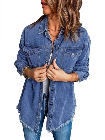 Women's Casual Long Sleeve Oversized Denim Jacket Distressed Button Down Vintage Frayed Hem Jean Outerwear
