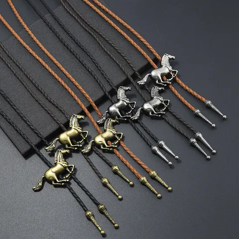 Vintage Horse Alloy Bolo Tie Men Western Cowboy Braided PU Leather Rope Necklace Retro Artistic Reiterschmuck Jewelry Accessory