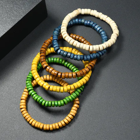 Vintage Ethnic Wooden Bead Bracelet for Men Women Handmade Colorful Wood Bead Stretch Bracelet Boho Jewelry Daily Decoration