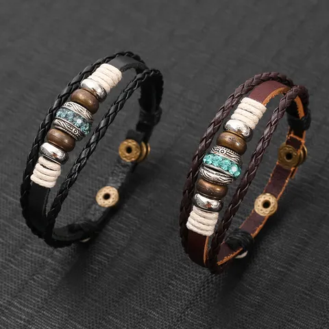 Bracelet Multicouche en Cuir Véritable Tressé Vintage Punk Avec Perles en Alliage Strass Bouton Pression Réglable Bijoux Unisexes