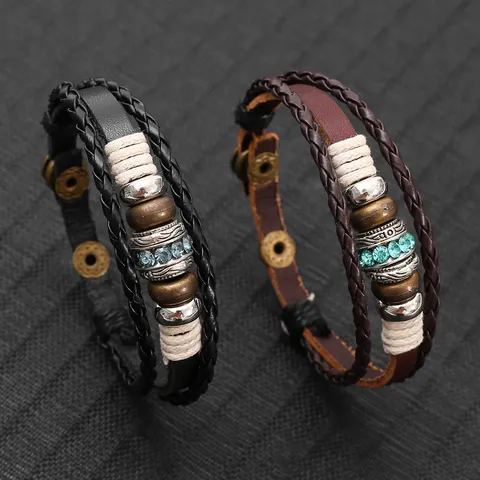 Bracelet Multicouche en Cuir Véritable Tressé Vintage Punk Avec Perles en Alliage Strass Bouton Pression Réglable Bijoux Unisexes