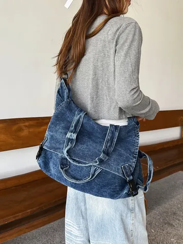 Vintage Hong Kong Style Washed Denim Motorcycle Bag Large Capacity Shoulder Crossbody Bag For Women Retro Casual Handbag