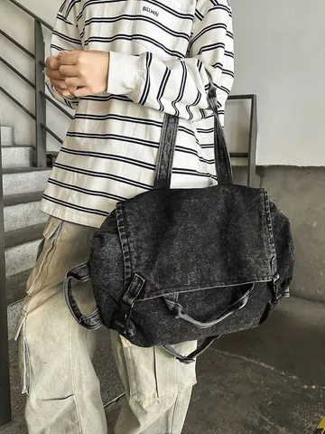 Vintage Hong Kong Style Washed Denim Motorcycle Bag Large Capacity Shoulder Crossbody Bag For Women Retro Casual Handbag