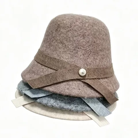 Women Retro British Wool Felt Bucket Hat Elegant Bow Pearl Autumn Winter Warm Basin Hat Ladies Fashion Accessories
