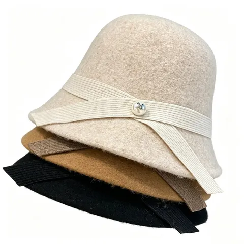 Women Retro British Wool Felt Bucket Hat Elegant Bow Pearl Autumn Winter Warm Basin Hat Ladies Fashion Accessories