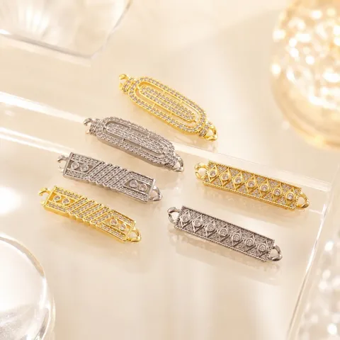 DIY Copper Real Gold Plated Micro Pave Rhinestone Connector Bar Charms Double Loop Geometric Rectangle Oval Pendant Jewelry Findings For Necklace Bracelet Making