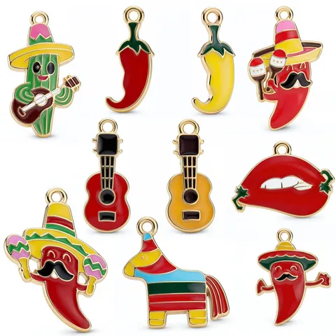 Dijes de Fiesta Mexicana de Aleación de Zinc y Esmalte para Creación de Joyas DIY Chile Guitarra Cactus Accesorios para Llaveros Pulseras