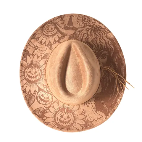 Halloween Laser Engraved Pumpkin Pattern Fedora Hat Retro Faux Suede Wide Brim Cowboy Hat For Party Unisex Western Hat Accessory